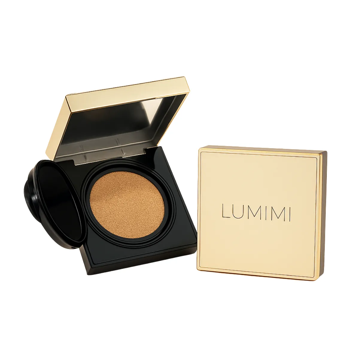 LUMIMI cushion make-up, otevřená černá krabička se zlatým lemem